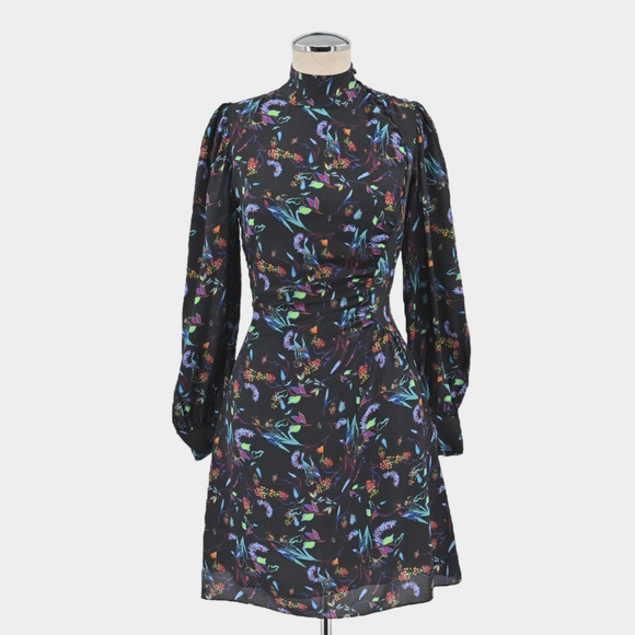 TANYA TAYLOR Dress Size 0 Clarisse Mini Black Floral Silk High Neck‎ Long Sleeve - Picture 1 of 15